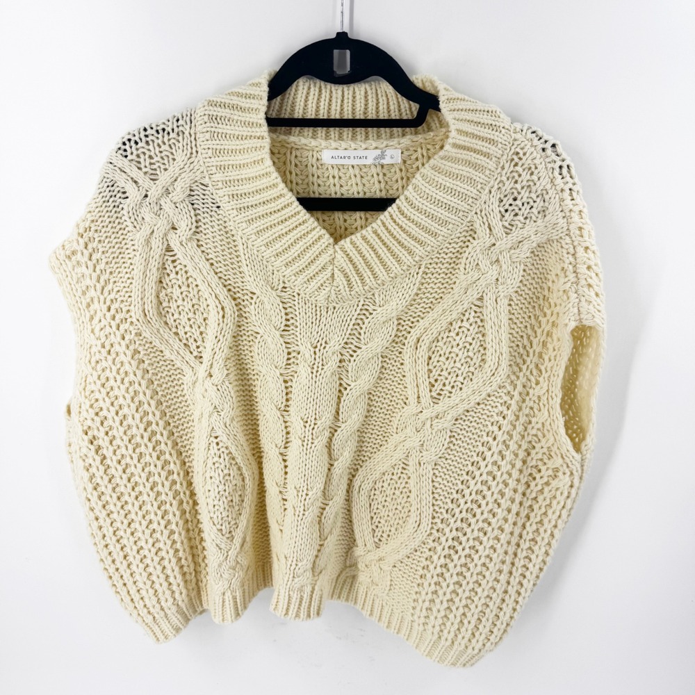Altar'd State Womens Cream Cable Knit V-Neck Sweater Vest Ivory‎ Boho Large